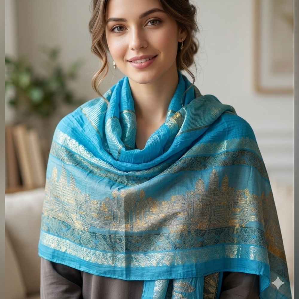 100% Silk Blue & Gold Thai Scarf Wrap Pashmina Temple Pagoda Design 64" X 20”